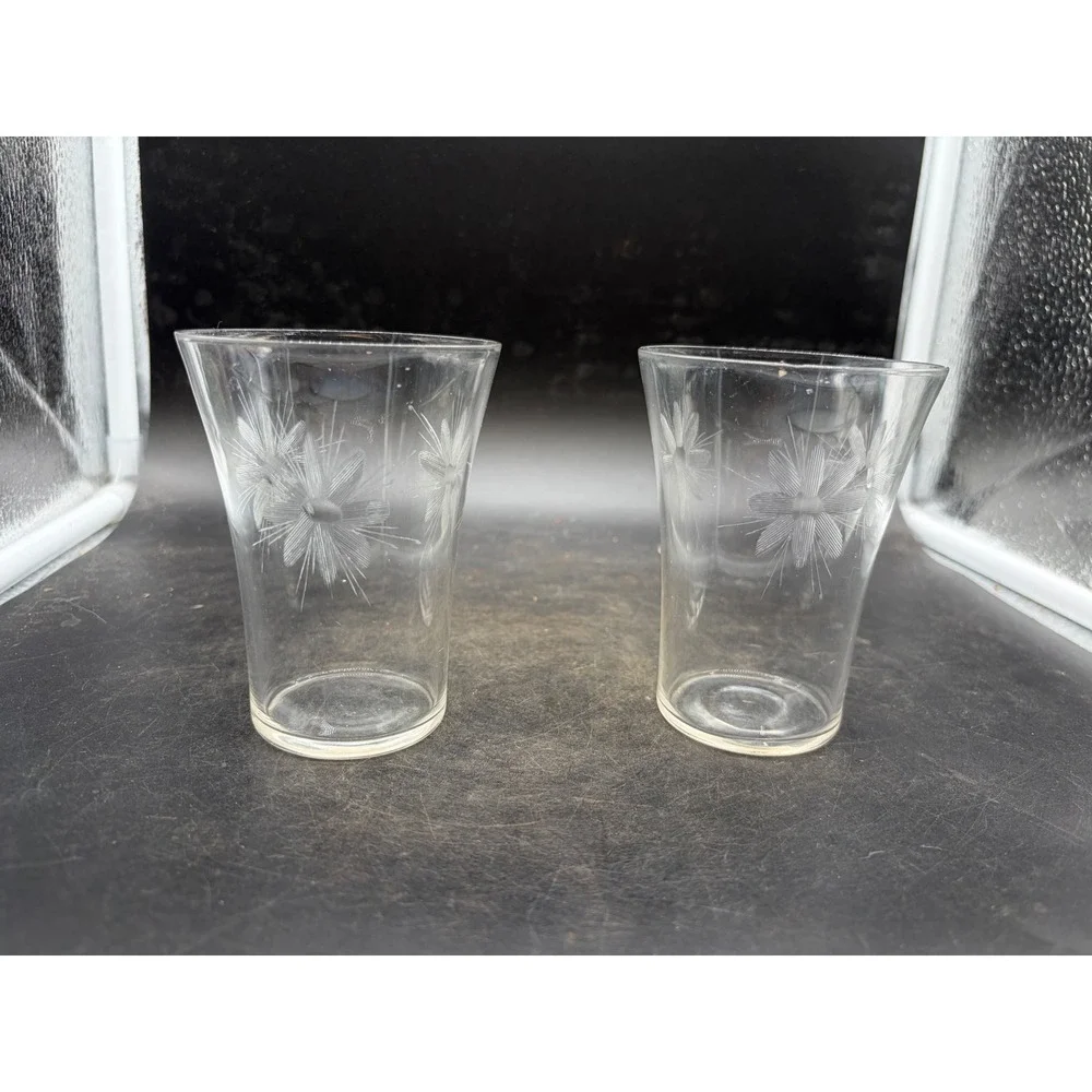 Vintage Etched Glass Juice Tumblers Floral Starburst Sunburst Set of 2 Clear 4